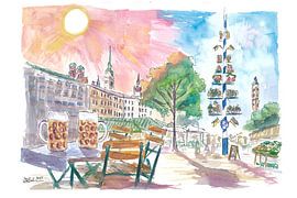 Munich Confortable Biergarten avec un arbre de mai et un centre historique