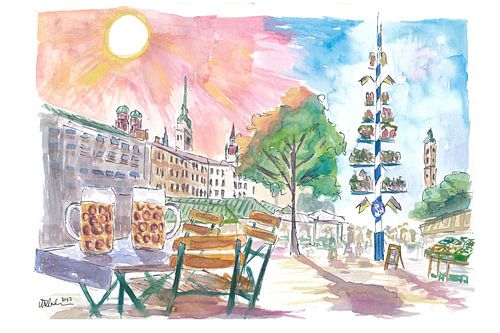 Munich Cozy beer garden with maypole and historical center