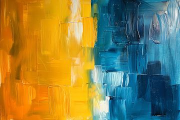 Abstract schilderij met geel en blauw van De Muurdecoratie