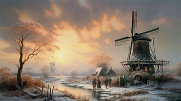 Peinture hollandaise d'un paysage d'hiver avec moulin à vent sur Preet Lambon
