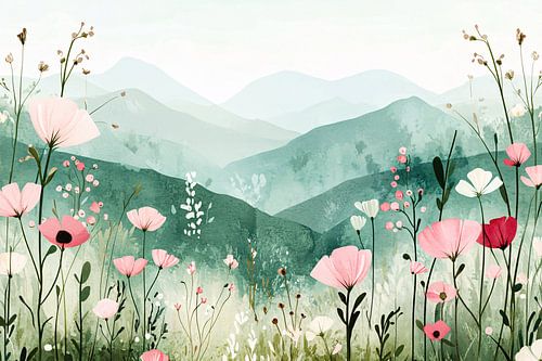 Bergen en bloemen in aquarel