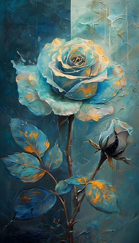 Surrealistisch schilderij van een blauwe roos