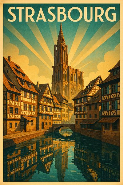Affiche Art Déco Strasbourg - Cathédrale &amp;amp ; Reflets de la Petite France par Travel Shop