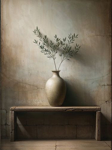 Olivenzweig in Vase - ländlich rustikales mediterranes Stillleben