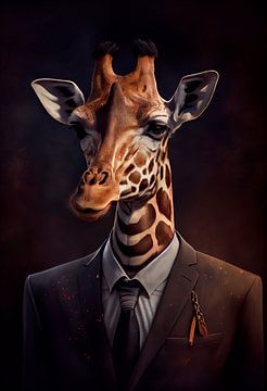 Portrait debout et majestueux d'une girafe en costume. sur Maarten Knops