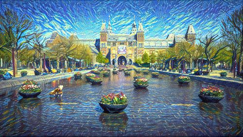 Stijlvol kunstwerk Amsterdam: Rijksmuseum Amsterdam in stijl van Van Gogh