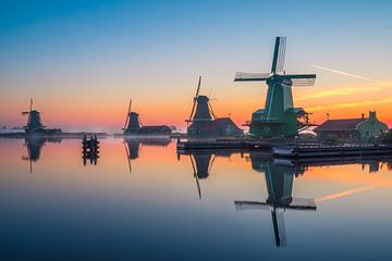 Sunrise at the mills of the Zaanse Schans in the Netherlands