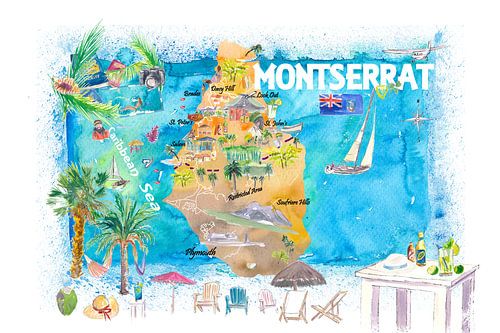 Montserrat Antillen Illustrierte Reisekarte mit Straßen und Highlights
