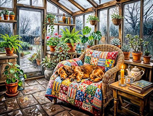 Dachshund Resting on Patchwork Chair Inside Greenhouse