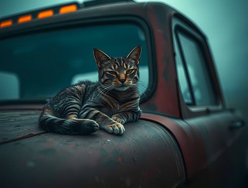 Kat op roestige auto