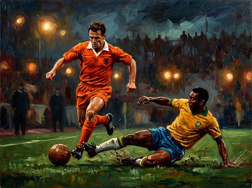 Levendig olieverfschilderij van de voetbalwedstrijd Nederland-Brazilië