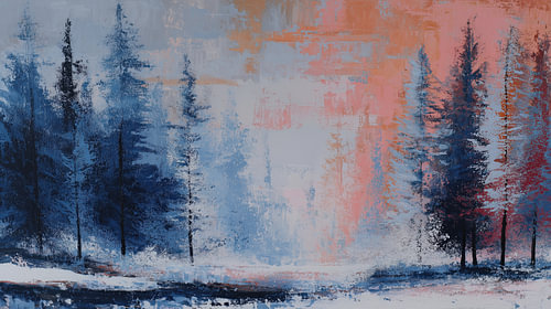 Winterse lange bomen en sneeuw abstract panorama