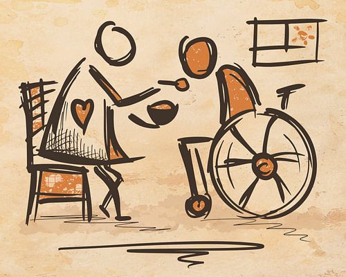 Soignant pour les personnes âgées, l'infirmier nourrit le résident/client. Personne en fauteuil roul