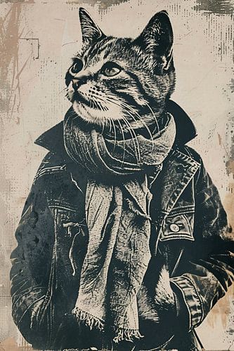 Zwart-wit portret van een kat in een jas