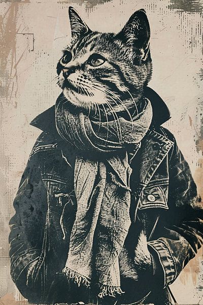 Schwarz-Weiß-Porträt einer Katze in einem Mantel von Imperial Art House