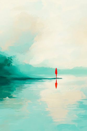 Frau in Rot am stillen See