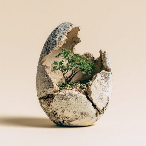 Arbre dans un vase en pierre en forme d'œuf
