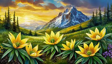 Winterlinge Blumen in den Bergen, Aquarell-Kunstdesign von Animaflora PicsStock