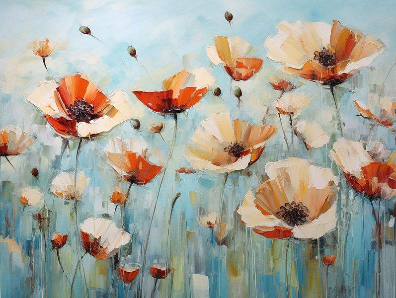 Mohnblumen rot auf aquablau von Bianca ter Riet