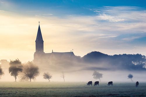 church in the morning fog