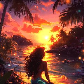 Zeemeermin in de zonsondergang op een tropisch strand van Pixelbull Design