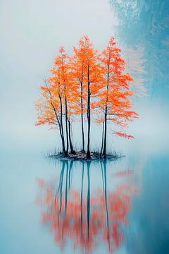 Herfstige groep bomen aan het meer - Rustige van Poster Art Shop