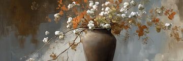 Clay Vase with Cotton Blooms van Blikvanger Schilderijen