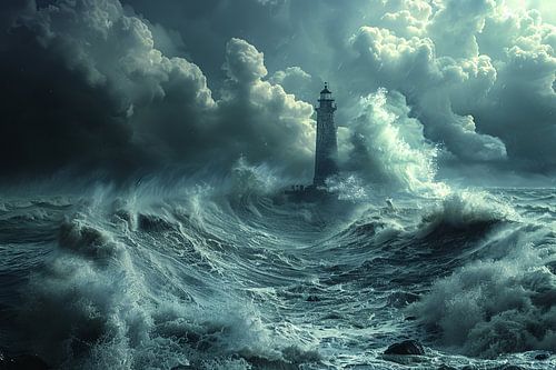 Noordzee Dramatische vuurtoren in storm en donkere wolken