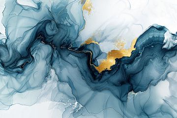 Dynamisch modern en abstract in blauw en goud van Studio Allee