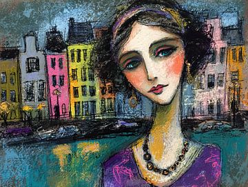 Frau und farbenfrohe Häuser von Abstraktes Gemälde