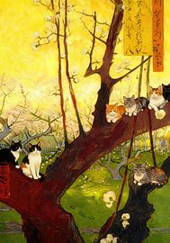 Bloeiende pruimenboom naar Hiroshige maar met kat van Neetesh Kumar