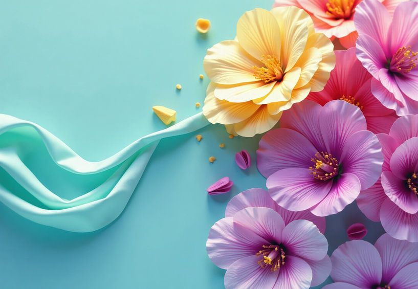 Arrangement aus künstlichen Blumen und Stoffen auf blauem Hintergrund von Markus Gann