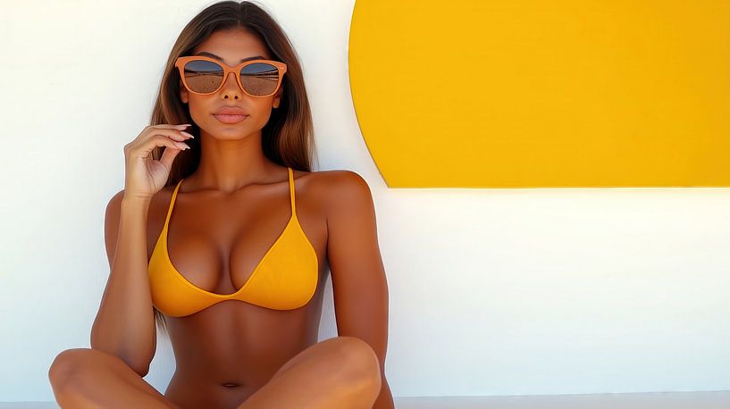 Model in gelbem Bikini vor Wand von Frank Heinz
