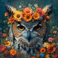 Owl with wild flowers
