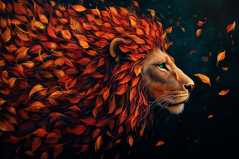 Lion's head made from autumn leaves by Poster Art Shop