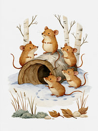 Kleine Mäuse im Winterwald – Woodland Friends entdecken einen hohlen Birkenstamm von Floral Abstractions