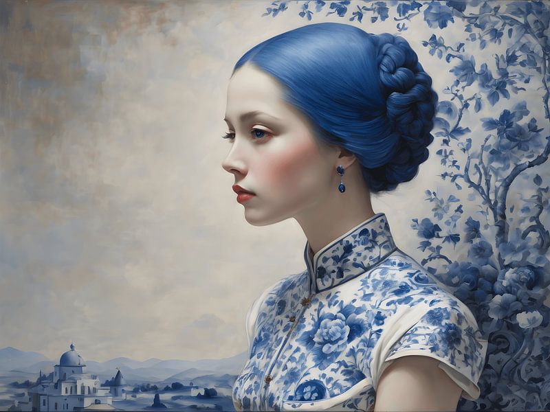 Portrait d'une femme en bleu de Delft par Jolique Arte