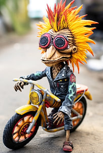 Punkerpuppe als Biker auf zwei Rädern