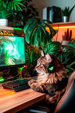 Kat in gamerstijl op de pc van Poster Art Shop