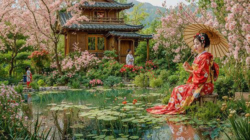 Japanese art Geisha in garden