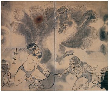 Kawanabe Kyōsai - Tale of the Nine-Tailed Fox, folding screen by Peter Balan