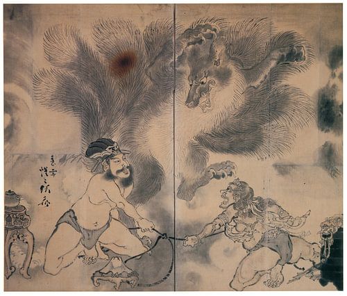 Kawanabe Kyōsai - Verhaal van de Negenstaartige Vos, kamerscherm