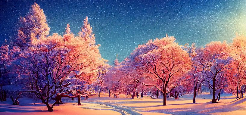 Panorama Magisch Winterlandschap met Bomen en Sneeuw Illustratie van Animaflora PicsStock