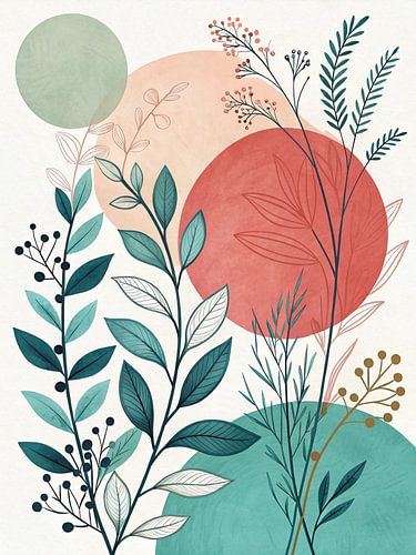 Serene Botanische Harmonie: Abstracte bladeren en levendige cirkels Nature Inspired Wall Art Print