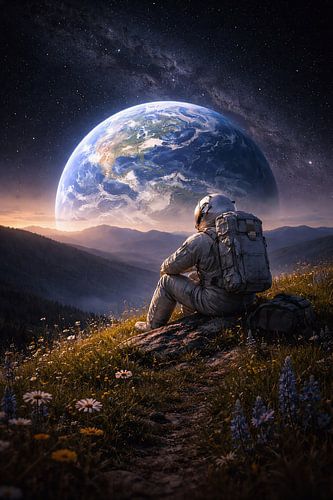 Stille kosmische Reflexion – Astronaut betrachtet die Erde über den Bergen