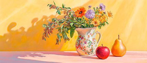 Vase de fleurs avec fruits - jeu de couleurs
