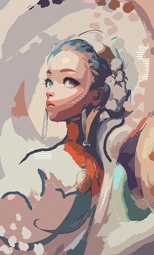 Semi abstract kunstwerk jonge vrouw met blauwe ogen