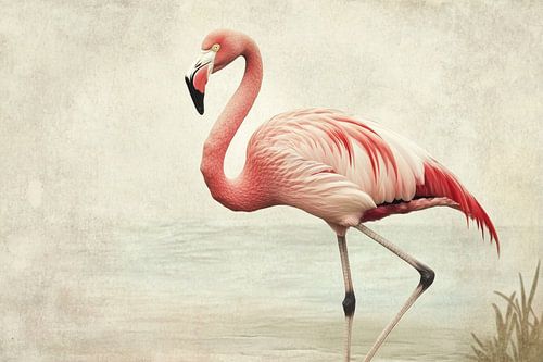 Flamingo aan de Waterkant Zachtroze Gratie in Vintage Stilering van Eva Lee