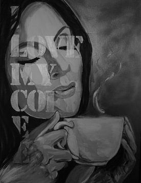 Ich liebe meinen Kaffee - Schwarz-Weiß-Malerei - Frau mit Kaffee von Marielistic-Art.com