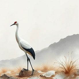 a crane in a japandi landscape. by J.a Dijkstra